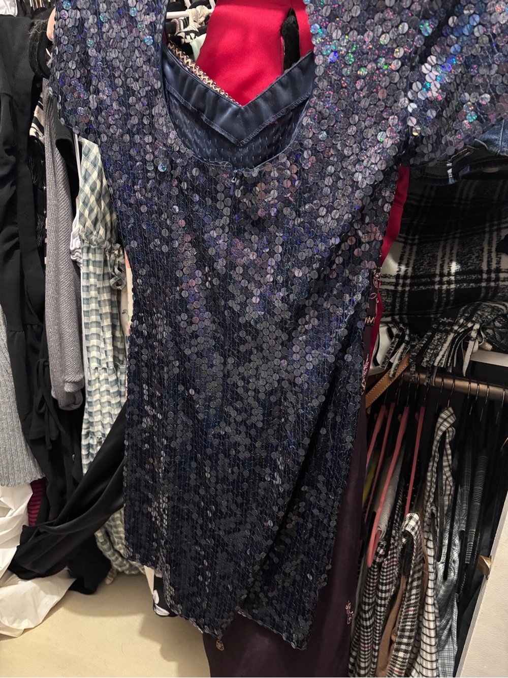 Adrianna Papell Navy Sequin Mini Dress — Short Sleeve Cocktail